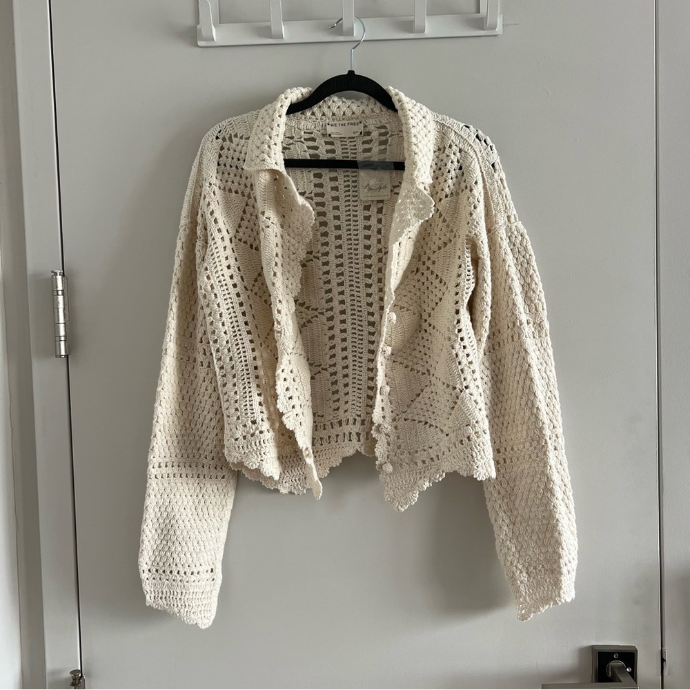 Free People Cream Crochet Openwork Cardigan Sweater
